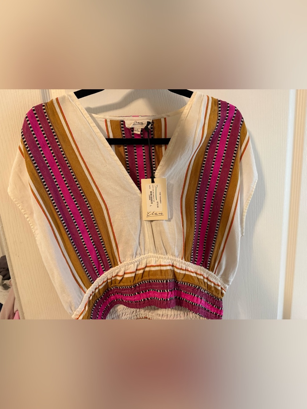 Elan Cream V-Neck Tunic with Pink and Mustard Stripes